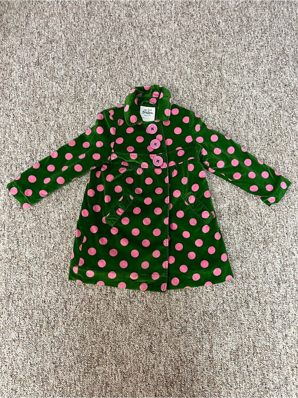Mini Boden Girls Green & Pink Polka Dot Velvet Pea Coat – Size 4-5T